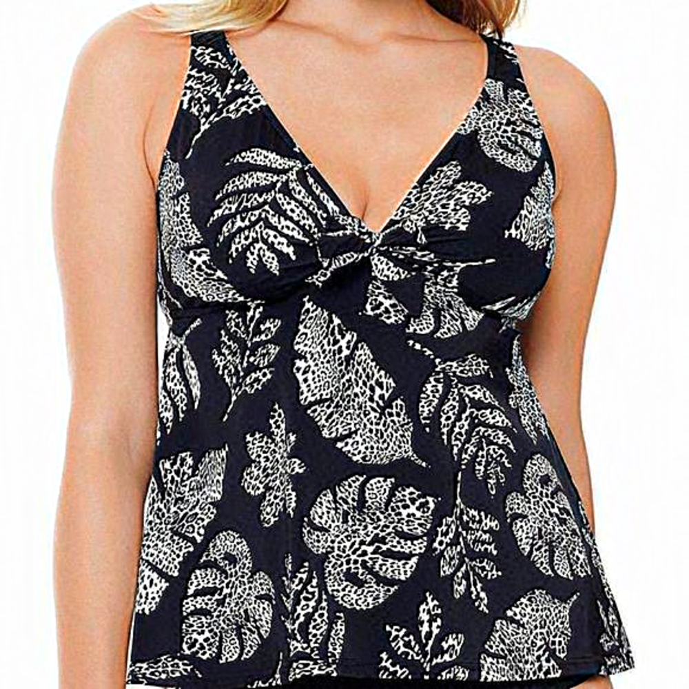 Swim Solutions Spotted Leaves Printed Underwire V-Neck‎ Tankini Top Black 10